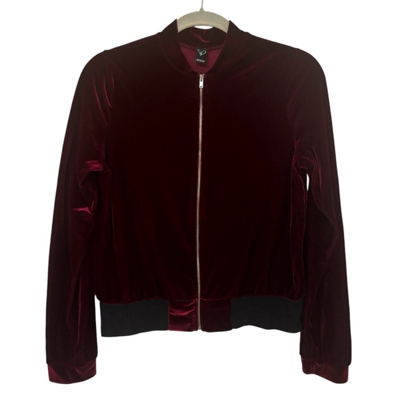 Burgundy Velvet Velour Bomber Jacket Size M - Picture 1 of 8